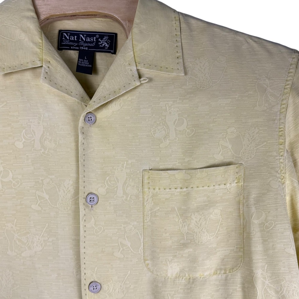 Nat Nast Silk Short Sleeve Button Up Shirt Large Yellow Drinks All Over‎ Print